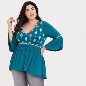 Super soft aqua embroidered babydoll tee